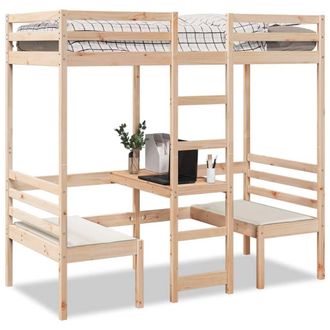 Berkfield Home Loft Bed Frame with Desk & Chairs 75x190cm Solid Wood Pine in Light Brown | Size: 75x190 cm