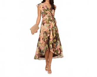Adrianna Papell Flutter Sleeve High Low Midi Wrap Dress In Brown Multi