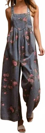 Bibi Flower Print Washed Denim Wide Leg Jumpsuit In Blue