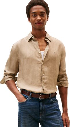 Tommy Hilfiger Mens Long Sleeve Casual Linen Button Down Shirts in Regular Fit, Coastal Taupe, Medium