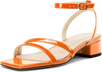 Castamere Womens Low Chunky Block Heel Square Toe Ankle Strap Sandals Dress Wedding Party Shoes 3.5 CM Heels Orange 6.5 UK