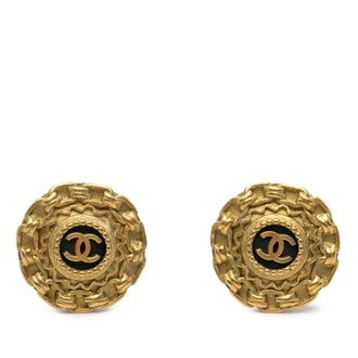 Chanel Tweedehands Cc Goud Vergulde Emaille Ronde Clip-On Oorbellen