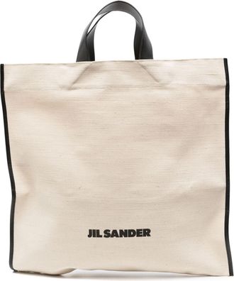 Jil Sander logo-print tote bag - women - Cotton/Jute/Polyurethane/Calf Leather - One Size - Neutrals