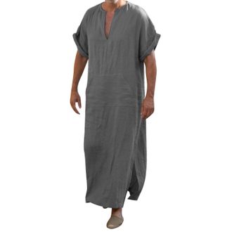Generic Men Kaftan Simple Muslim Robes Slim Fit Short Sleeve Shirts Cotton Linen Gown Thobe Arabian Costume Medieval Tunic Desert Dress Solid Long Sleeve Thob