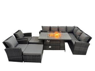Fimous Rattan Corner Sofa Chair Set Gas Fire Pit Table with 2 Big Footstools in Dark Grey