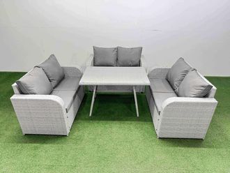 Fimous Rattan Garden Furniture Dining Set 6-seater Rectangular Table Set in Light Grey