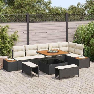vidaXL Vidaxl - Conjunto De Sof&aacute; De Jard&iacute;n Con Coj&iacute;n 9 Pcs Negro Polirat&aacute;n