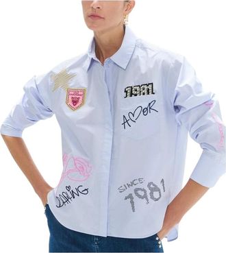 Lola Casademunt Poplin overhemd met borduursels en patches - Dames - Overhemden - Blauw - M - Katoen - Overhemden