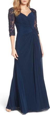 La Femme Jersey Gown with Knot Detail and Lace Sleeves in Navy at Nordstrom, Size 16