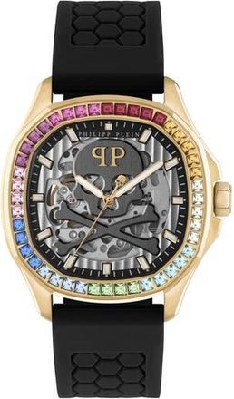Philipp Plein Skeleton Spectre Silicone Strap Watch, 42mm in Ip Yellow Gold at Nordstrom Rack