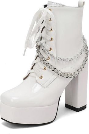 Generic Women Square Toe Platform Chunky Heel Combat Ankle Boots, Punk Style with Gothic Chain Accents,White,10 UK