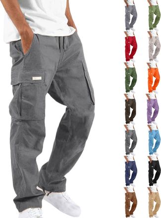 Generic Mens Cargo Pants Straight Leg Long Trousers with Pockets Drawstring Elastic Waist Utility Style Bottoms for Outdoor Fitness Casual Daily Wear Street O