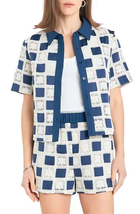 English Factory Crochet Lace Patchwork Short Sleeve Button-Up Shirt in Navy Multi at Nordstrom, Size Medium