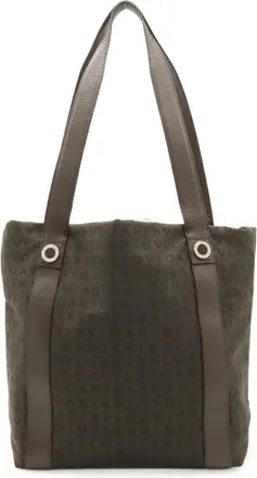 Bulgari Logomania Dark Brown Canvas Leather Handbag Shoulder Bag Tote Bag (Pre-Owned)