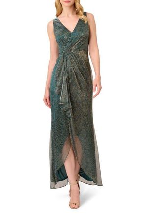 Adrianna Papell Metallic Sleeveless Mesh High/Low Gown in Evergreen at Nordstrom, Size 6