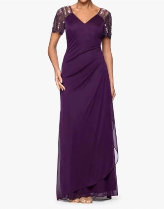 Xscape Lana Sheer Matte Jersey Beaded Flutter Sleeve Dress In Plum