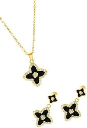 Adornia Black Inlay Cubic Zirconia Clover Pendant Necklace & Drop Earrings Set in Black/Gold at Nordstrom Rack