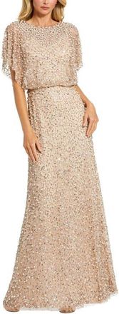 Mac Duggal Petite High Neck Short Sleeve Embellished Gown in Nude Gold at Nordstrom, Size 14