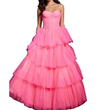 Jovani Tulle Corset Bodice Ballgown In Hot Pink