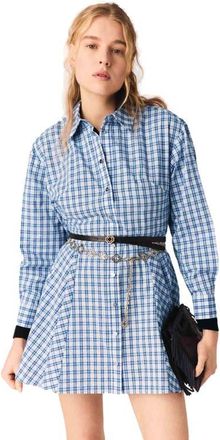 Maje Rhinestone-trim cotton shirt dress in Blue Check Print at Nordstrom, Size 34 Eu