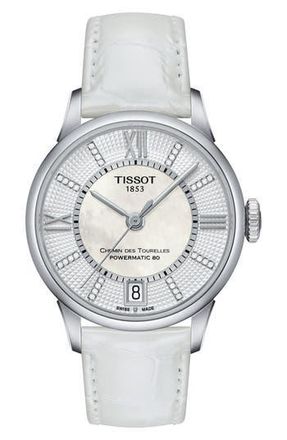Tissot Chemin Des Tourelles Diamond Leather Strap Watch, 32mm in White/mother Of Pearl/silver at Nordstrom Rack