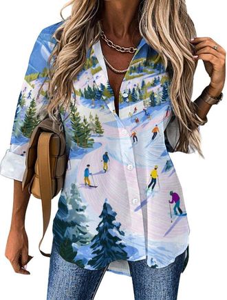 Generic Ski Slope Funny Womens Long Sleeve Shirt Printed Casual Blouses Button Down Tops