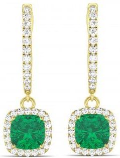 Allurez Cushion Lab Emerald & Lab Diamond Halo Dangling Earrings 14k Yellow Gold (2.70ct)