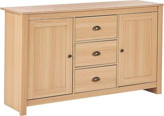 Beliani Aparador madera clara 140 x 40 cm tablero de fibra 2 puertas 3 cajones Lansin