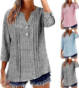 Generic Womens Checked Blouse Cotton Linen Gingham Shirts for Women UK 3/4 Sleeve Classic Plaid Shirt Casual V Neck Button UP Ladies Blouses Tops Loose Fit Fl