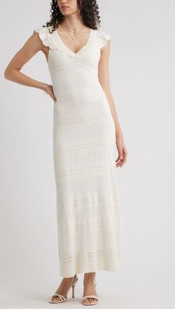 Chelsea28 Pointelle Flutter Maxi Sweater Dress in Ivory Pristine at Nordstrom, Size Xx-Large