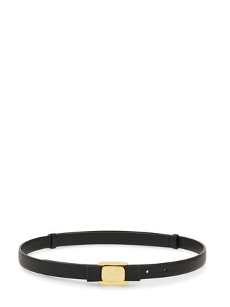 Ferragamo Sleek Black Belt with Polished Gold Buckle