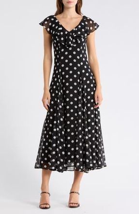Wayf Ruffle Godet Midi Dress in Black Polka Dot at Nordstrom Rack, Size X-Small
