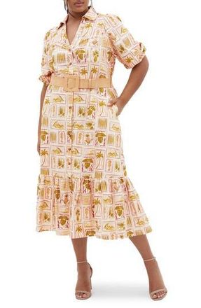 City Chic Anna Print Button-Up Shirtdress in Cool Tropics at Nordstrom Rack, Size Xxl/24W