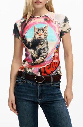 Desigual Print Stretch Cotton T-Shirt in Pink at Nordstrom, Size X-Large