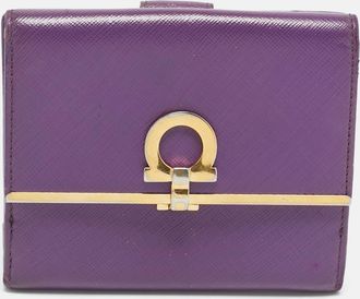 Ferragamo Gancini Flap Purple Leather French Wallet