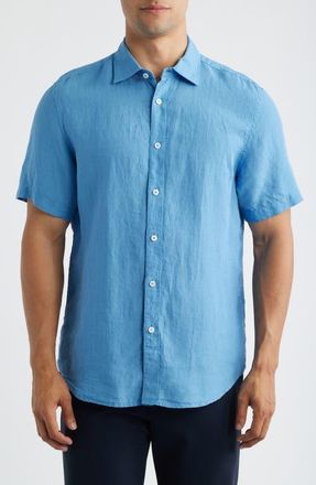 Bugatchi Orson Shaped Fit Short Sleeve Linen Button-Up Shirt in Classic Blue at Nordstrom, Size Xxx-Large