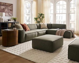 Castlery Jonathan Extended Side Chaise Sectional Sofa Right Facing with Ottoman, Performance Twill Moss, Modular, Low-Profile, Green, Castlery