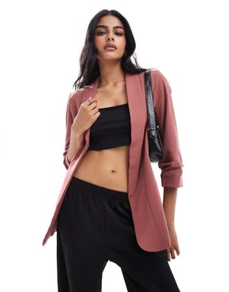 Pieces blazer with ruched sleeves in spice-Red