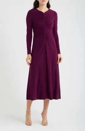 Vince Camuto Shirred Long Sleeve V-Neck Dress in Aubergine at Nordstrom, Size 10