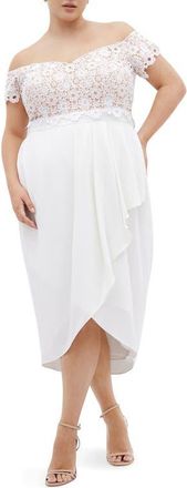 City Chic Lace Glamour Empire Waist Midi Dress in Ivory at Nordstrom, Size Xs