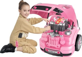 OEM Juego Infantil De Motor Con Herramientas 61 Piezas Volante Bocina Faros Caja De Almacenaje Y Ruedas 40x39x47 Cm Rosa