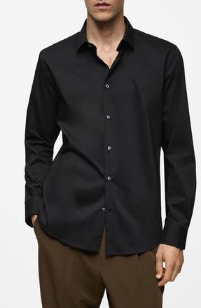 Mango Stretch Button-Up Shirt in Black at Nordstrom, Size Medium