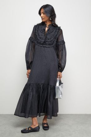 Oasis Womens Premium Crinkle Stripe Organza Frill Pleat Detail Midi Dress - Black - Size 14 UK