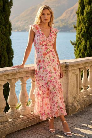 Roman Floral Print Chiffon V-Neck Midi Dress