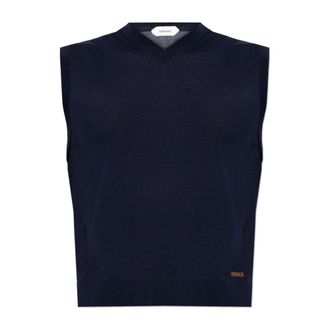 Versace V-neck Knitwear, male, Blue, Size: XL Embroidered Wool Knit Vest