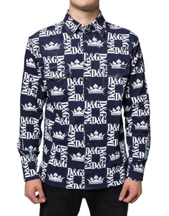 Dolce & Gabbana Mens Blue Crown Logo Print Slim Fit Cotton Shirt And White Elastane