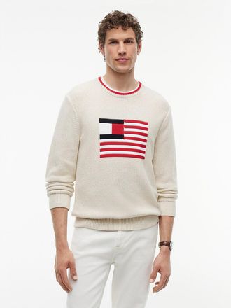 Tommy Hilfiger Mens Intarsia Flag Logo Heathered Sweater - Ivory Silk - XXL