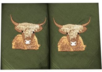 Generic Dalaco Mens Highland Cow Embroidered Cotton Handkerchiefs - Green/Brown
