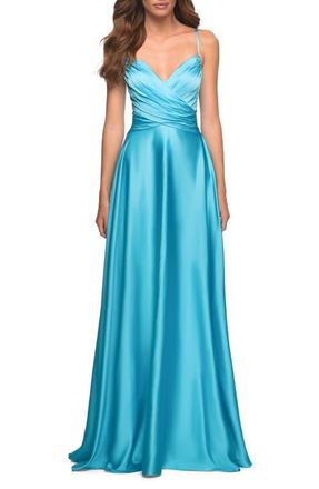 La Femme Bright Satin Gown with Criss-Cross Ruched Top in Cloud Blue at Nordstrom, Size 00