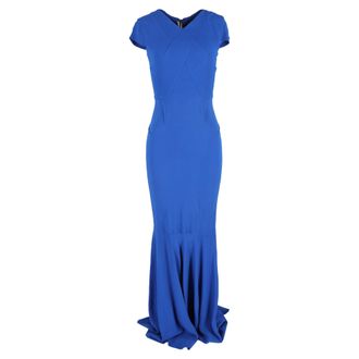 Roland Mouret Valey Maxi V-Neck Gown Dress in Blue Viscose